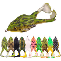 Soft Frog Artificial Bait - Double Propelling Legs - 3D Eyes - Lifelike Silicone Skin Pattern - 3 Different Weights/Sizes - Topwater Lure